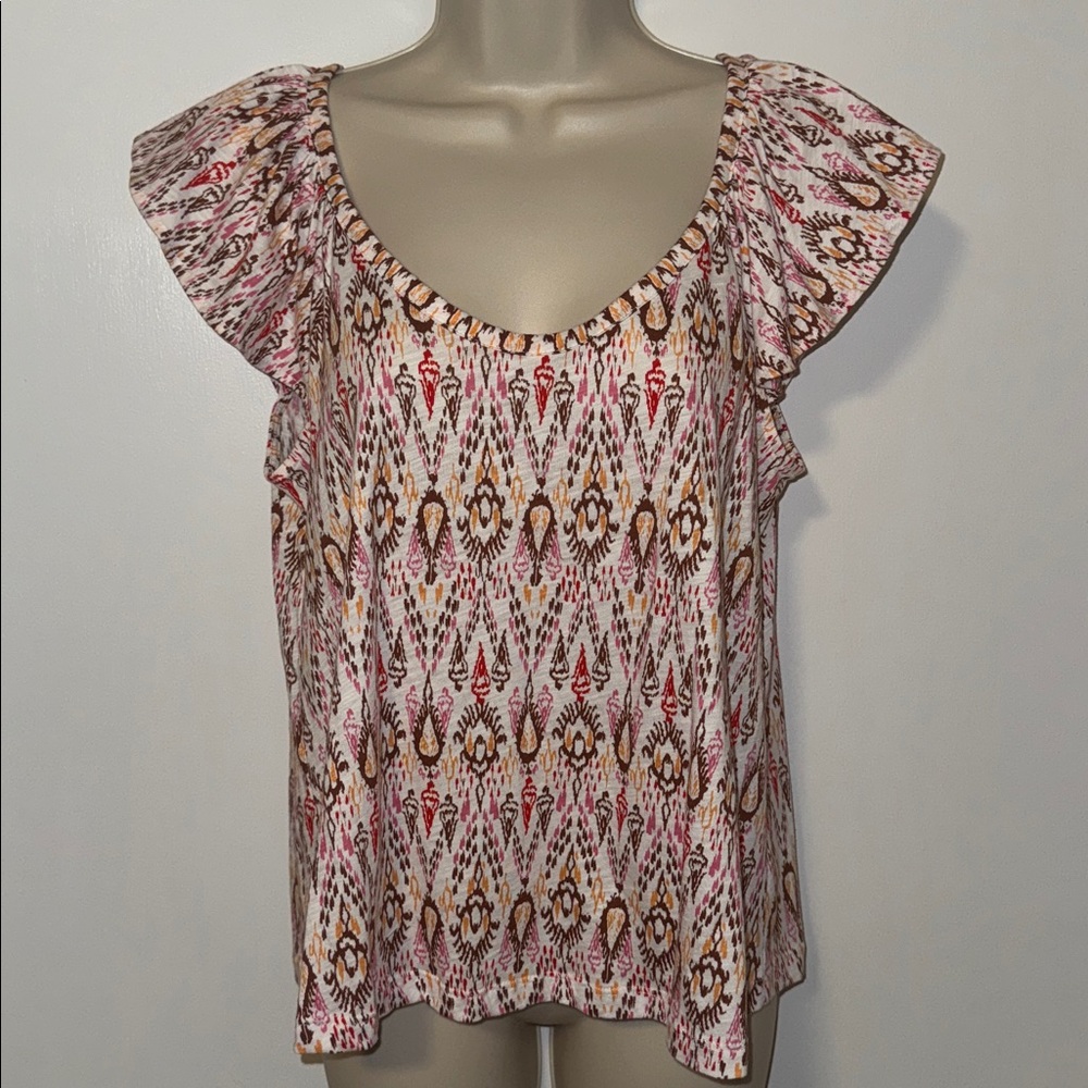 LOFT Boho Print Cotton Tee Short Flutter Sleeve T-Shirt Women’s Medium M